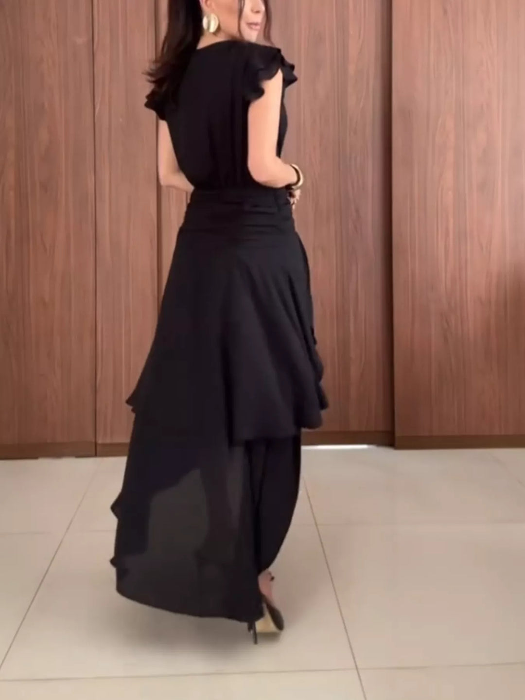 Asymmetrical ruffle hem v-neck flutter sleeve maxi dress