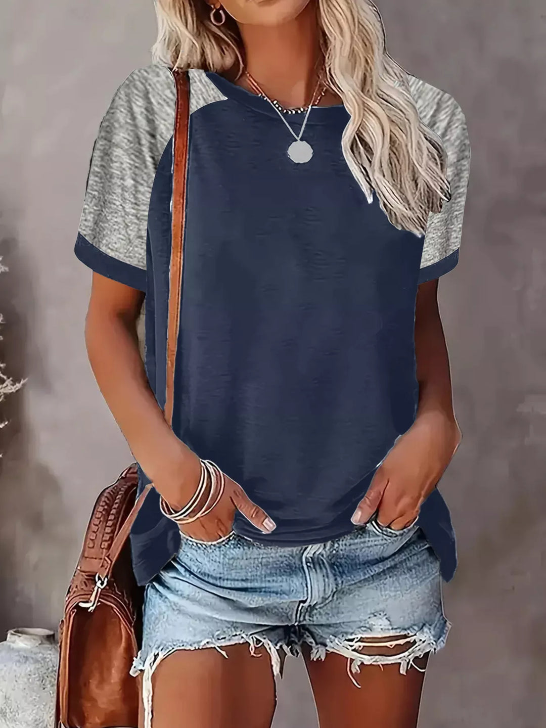 Navy Color block raglan sleeve crew neck tee with contrast cuffs