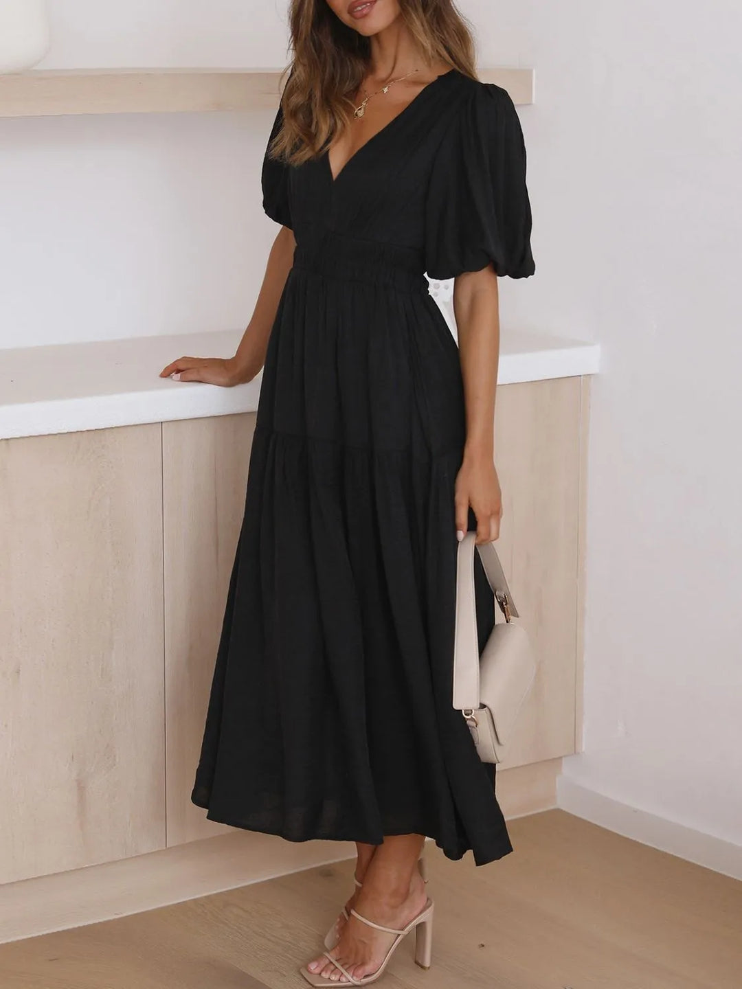Ruched waist puff sleeve v-neck tiered midi dress