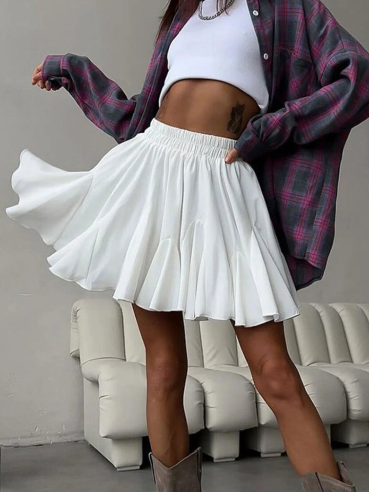 White Ruffled hem flare mini skirt with elastic waist