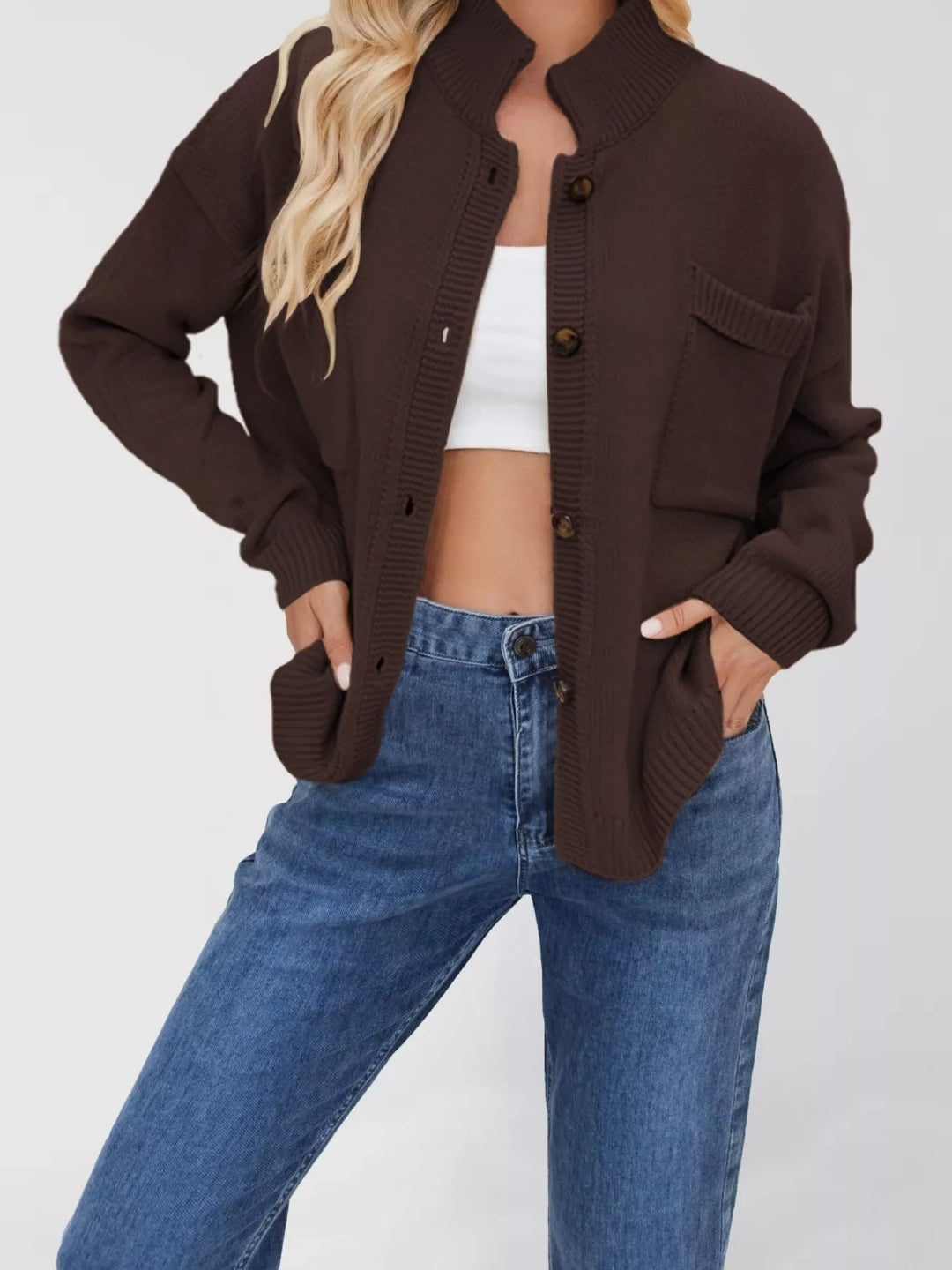 Red Brown Dropped shoulder button-up knit cardigan with chest pocket