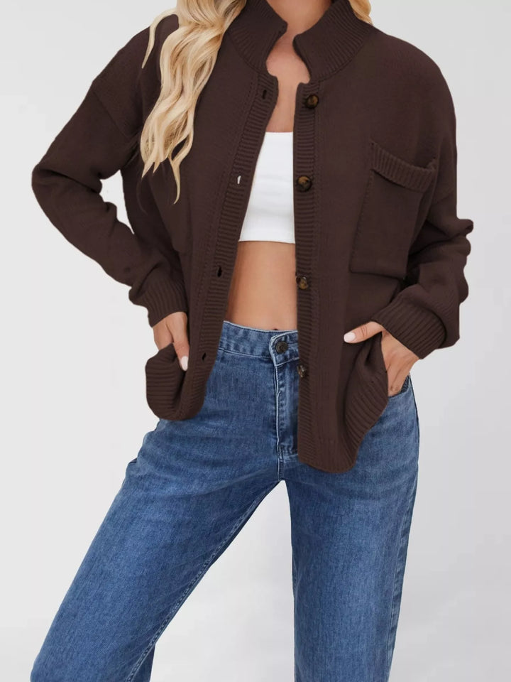 Red Brown Dropped shoulder button-up knit cardigan with chest pocket
