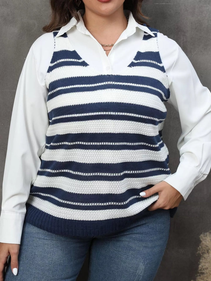 Plus size striped V-neck knit sweater vest