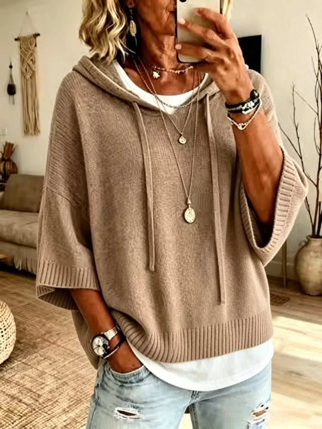 Khaki Oversized hooded sweater with drawstring and ribbed trim