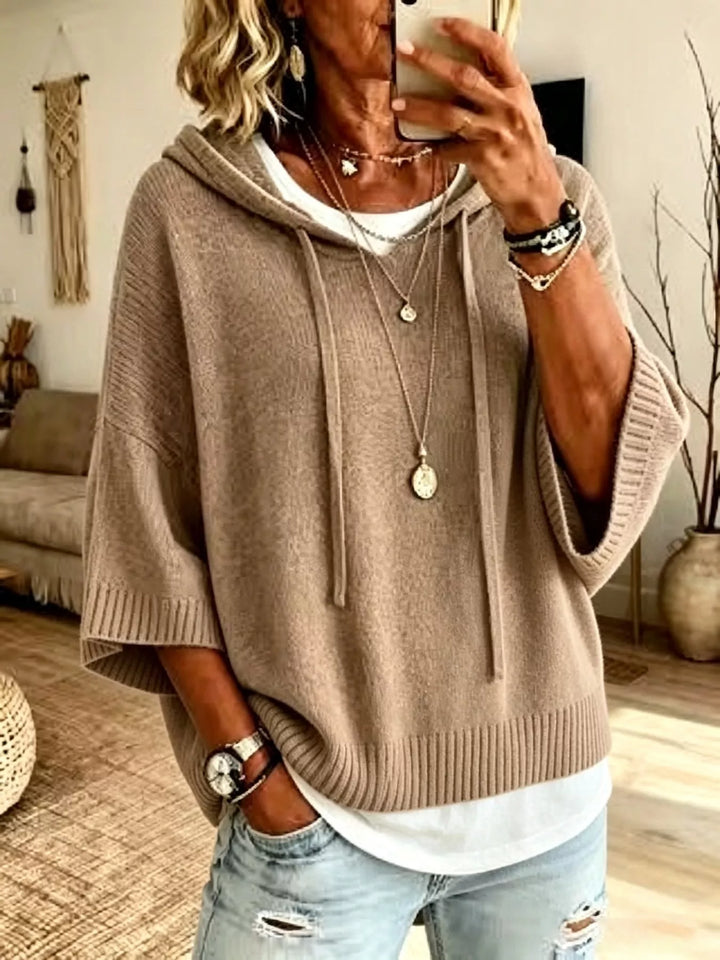 Khaki Oversized hooded sweater with drawstring and ribbed trim