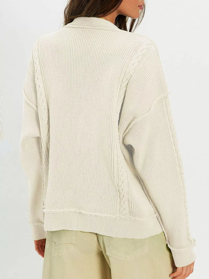 Beige Double-breasted cable knit cardigan with raw hem