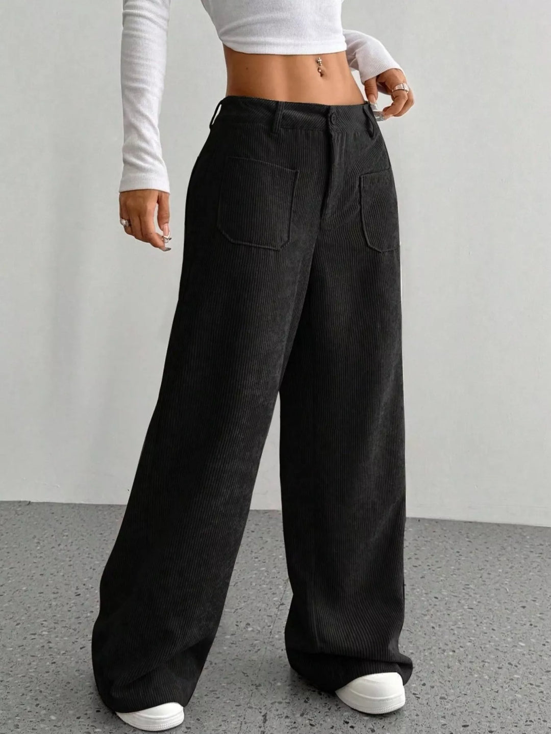 Wide-leg corduroy pants with front patch pockets