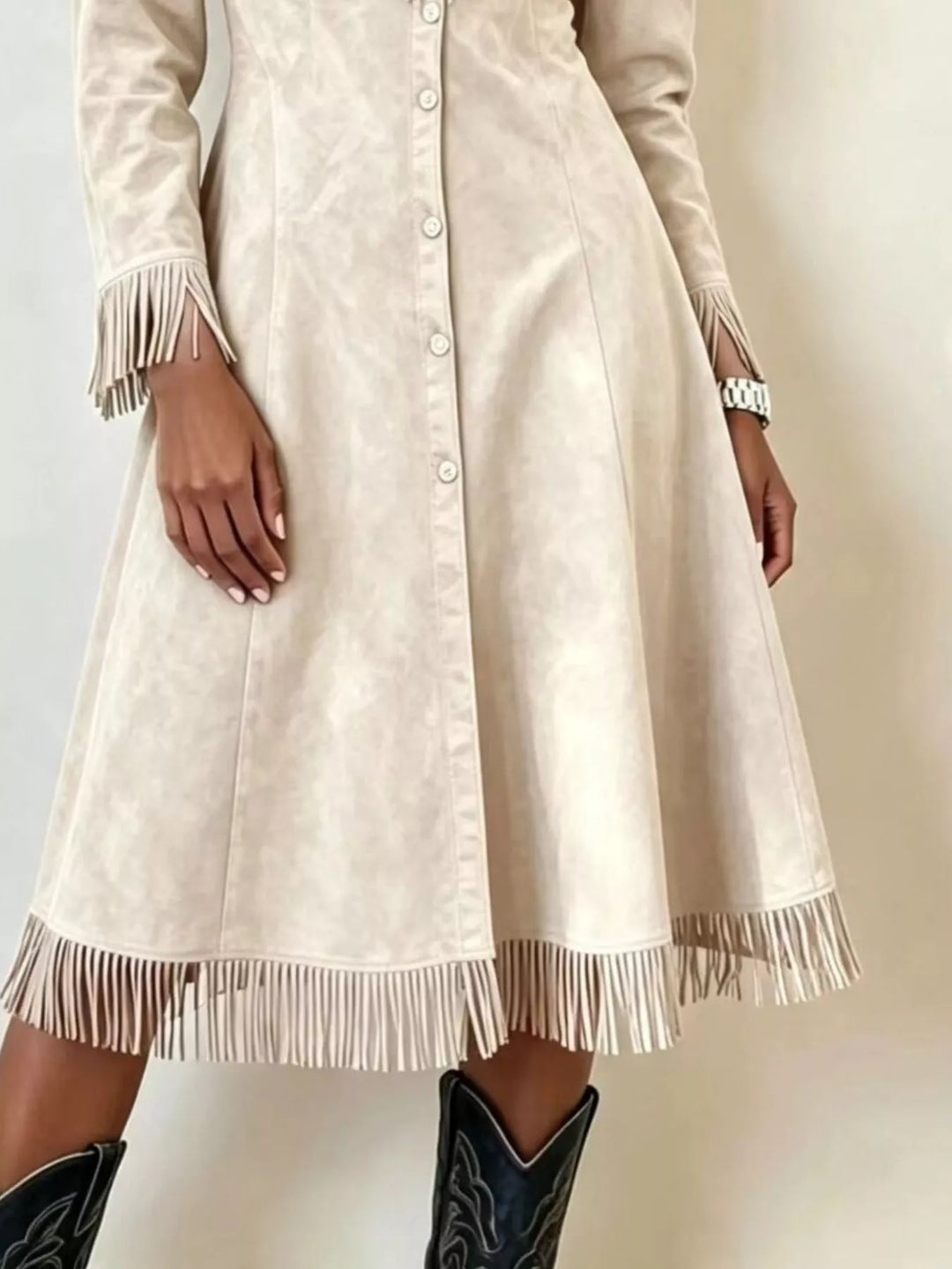 Beige Fringe-trim faux suede button-down midi shirt dress