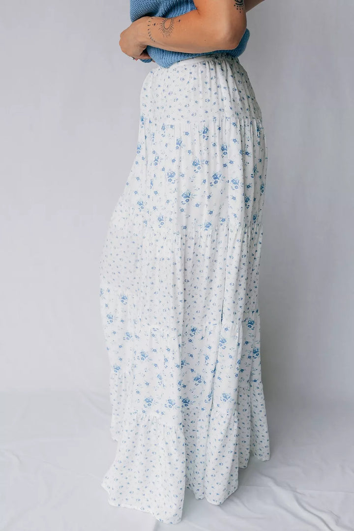 High-waist tiered floral boho maxi skirt