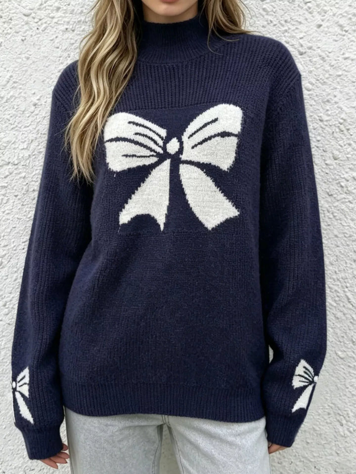 Bow intarsia mock neck knit sweater with drop shoulders