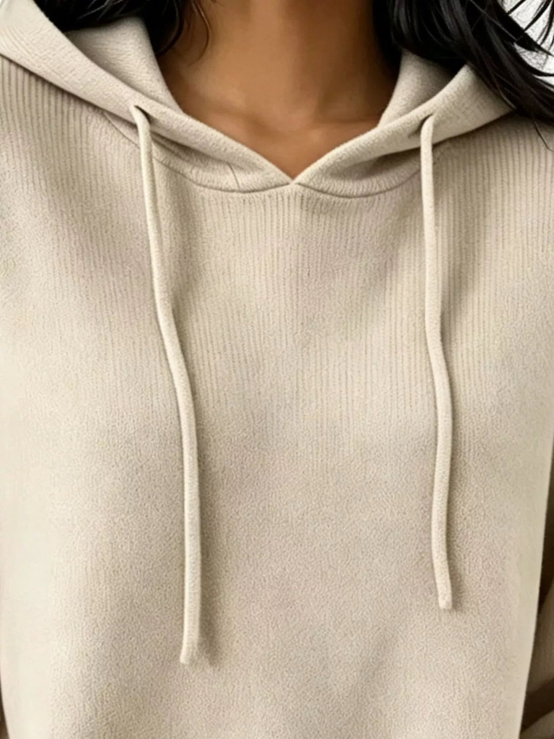 Drawstring hooded knit pullover sweater with ribbed trim