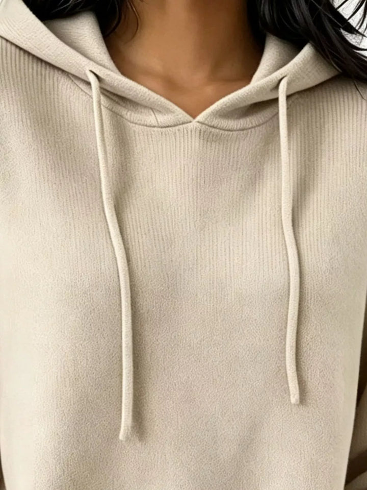 Drawstring hooded knit pullover sweater with ribbed trim