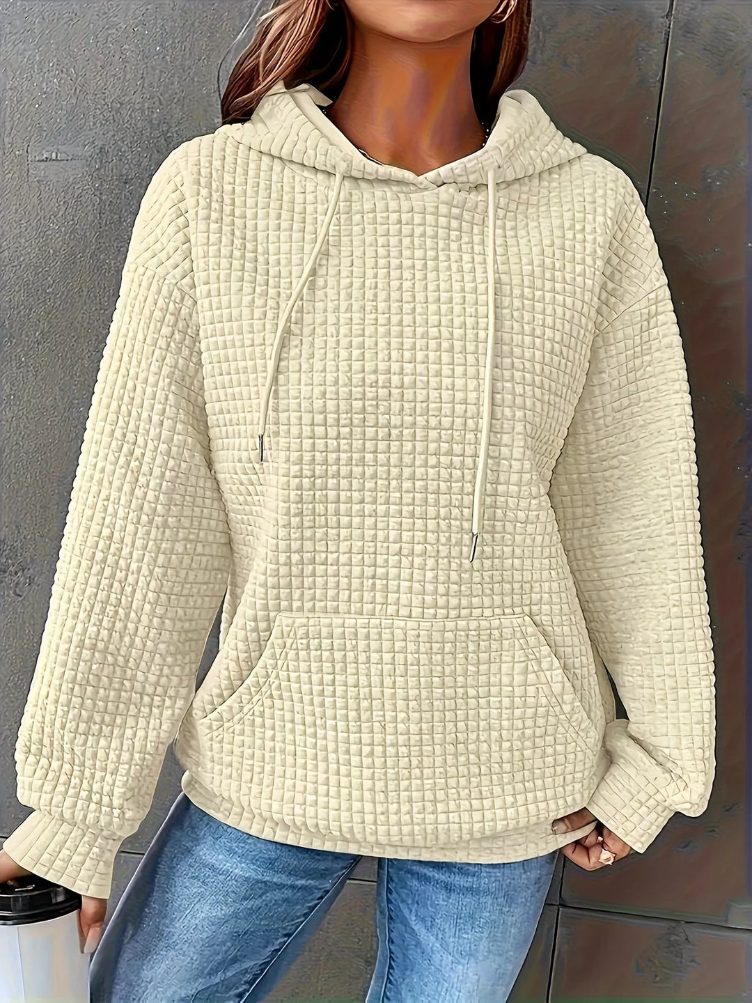 Textured waffle knit drawstring hoodie with kangaroo pocket