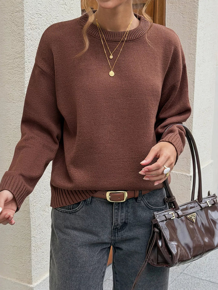 Ribbed trim crew neck drop shoulder pullover sweater