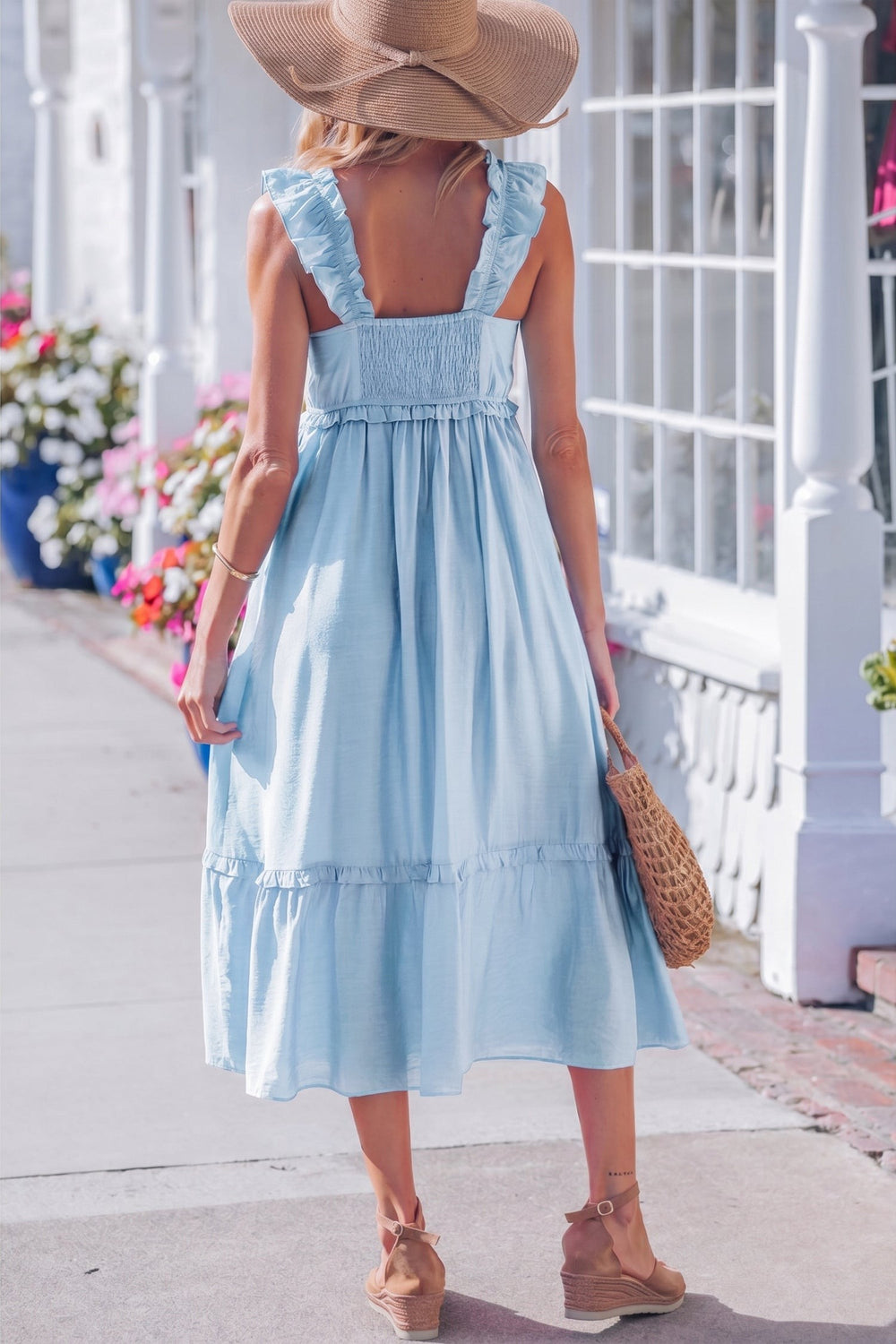 Ruffle strap tiered maxi dress with square neckline