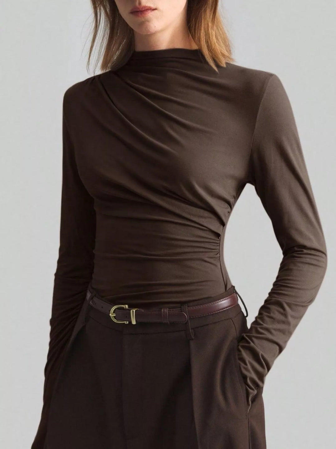 Chocolate Ruched drape-front high-neck long sleeve top