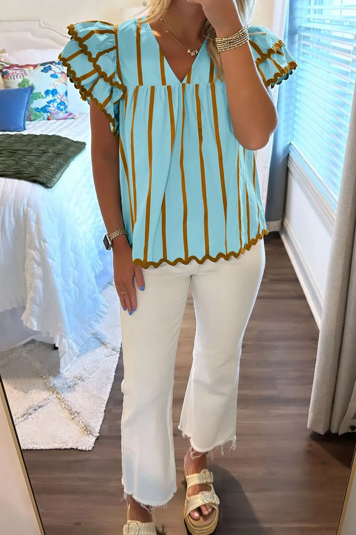 Striped ricrac-trim double-ruffle v-neck blouse