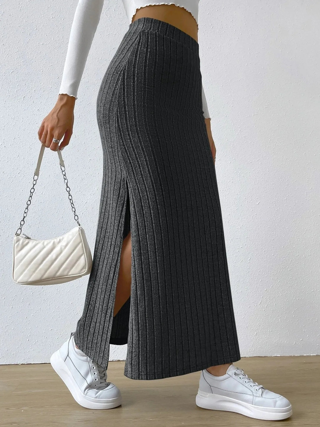 Ribbed knit high-waist maxi skirt with front slit