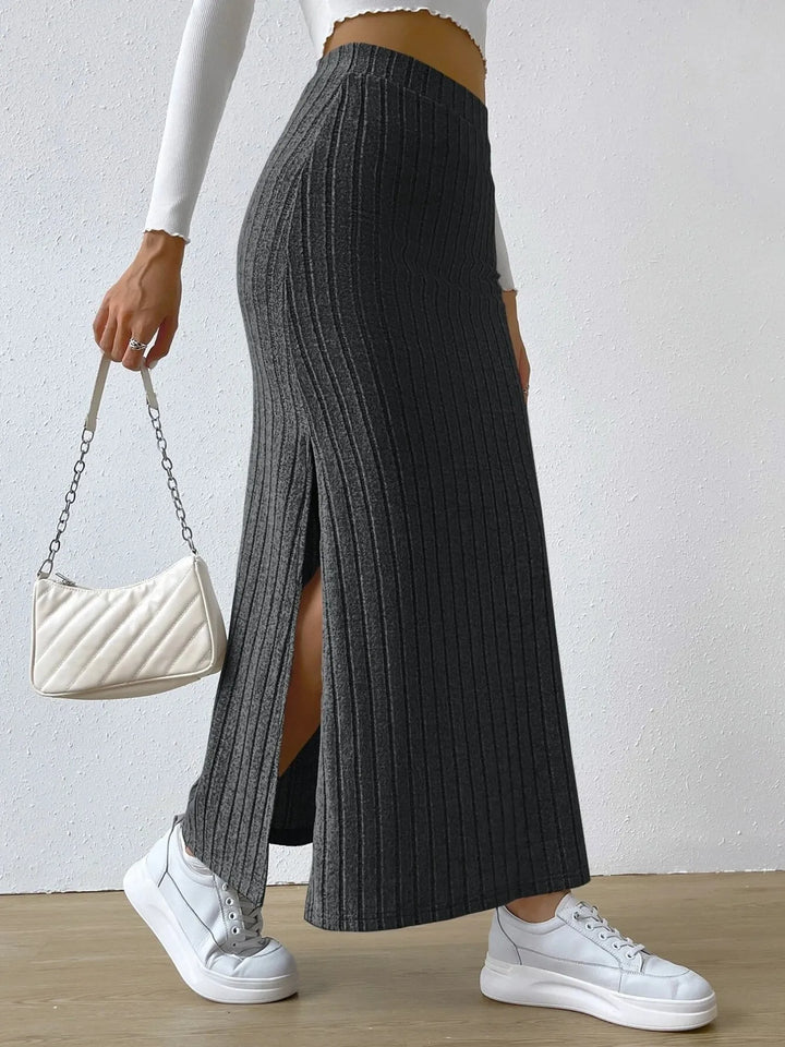 Ribbed knit high-waist maxi skirt with front slit