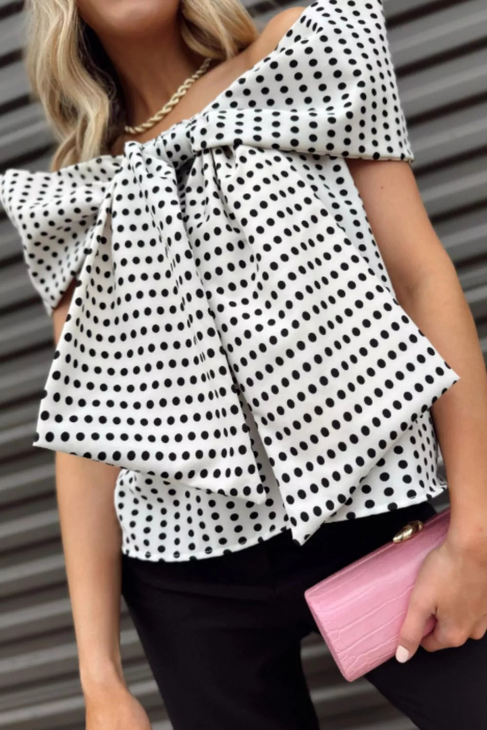 Off-shoulder polka dot bow-front short sleeve blouse