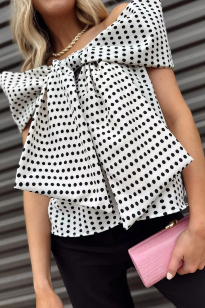 Off-shoulder polka dot bow-front short sleeve blouse
