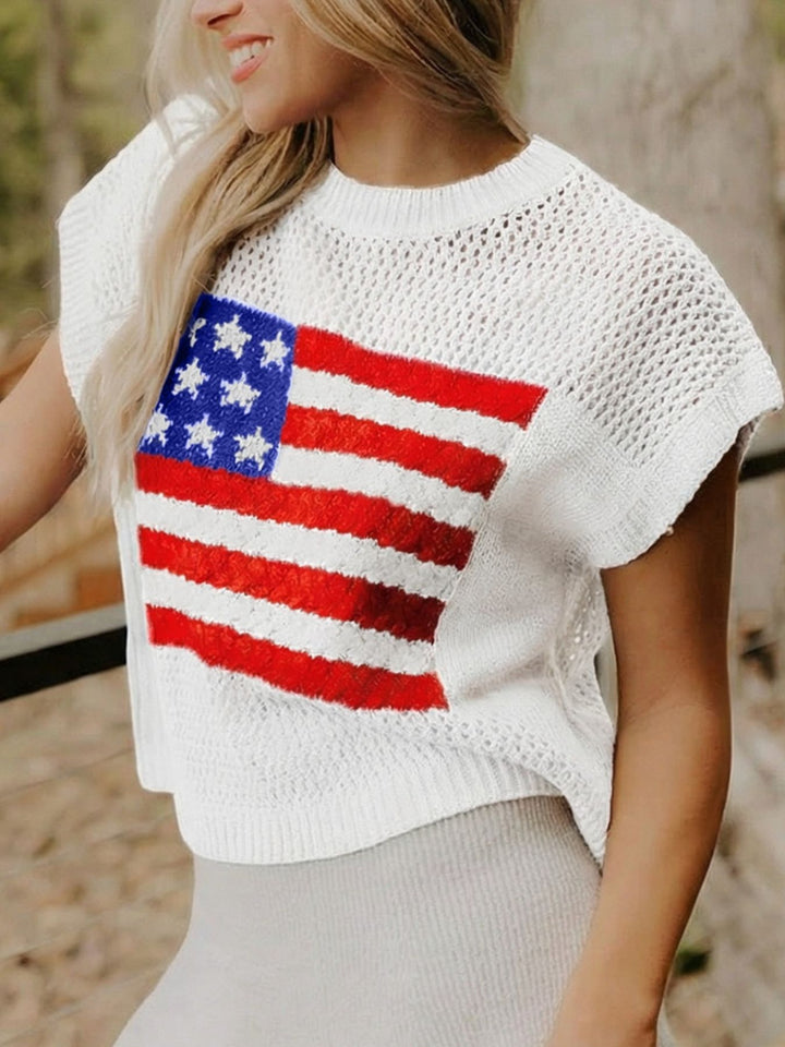 American flag graphic knit short sleeve sweater