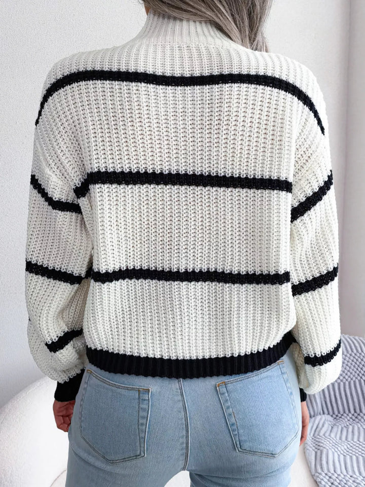 Striped mock neck chunky ribbed knit sweater