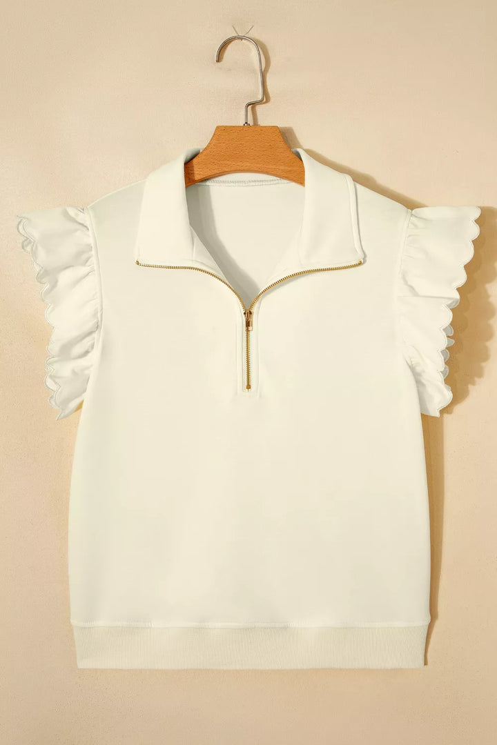 Ruffle cap sleeve half-zip stand collar blouse