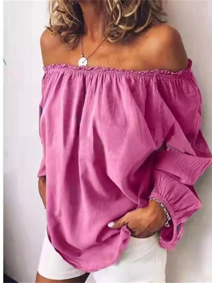 Red Off-shoulder ruffle-neck blouse with long puff sleeves
