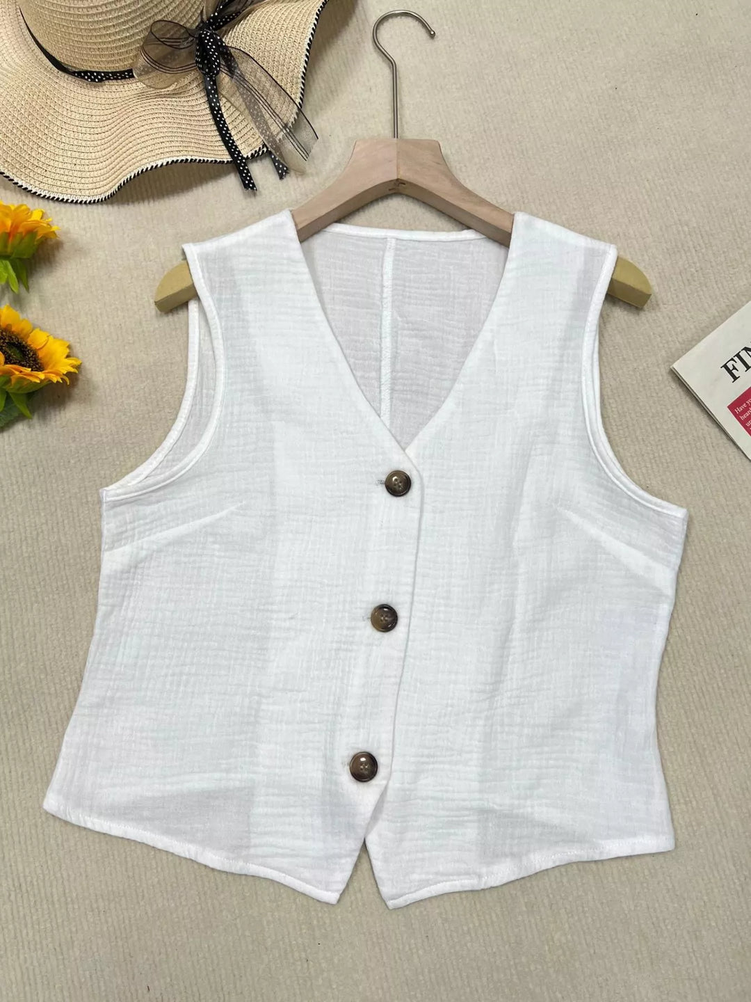 Textured V-neck button-down cropped vest