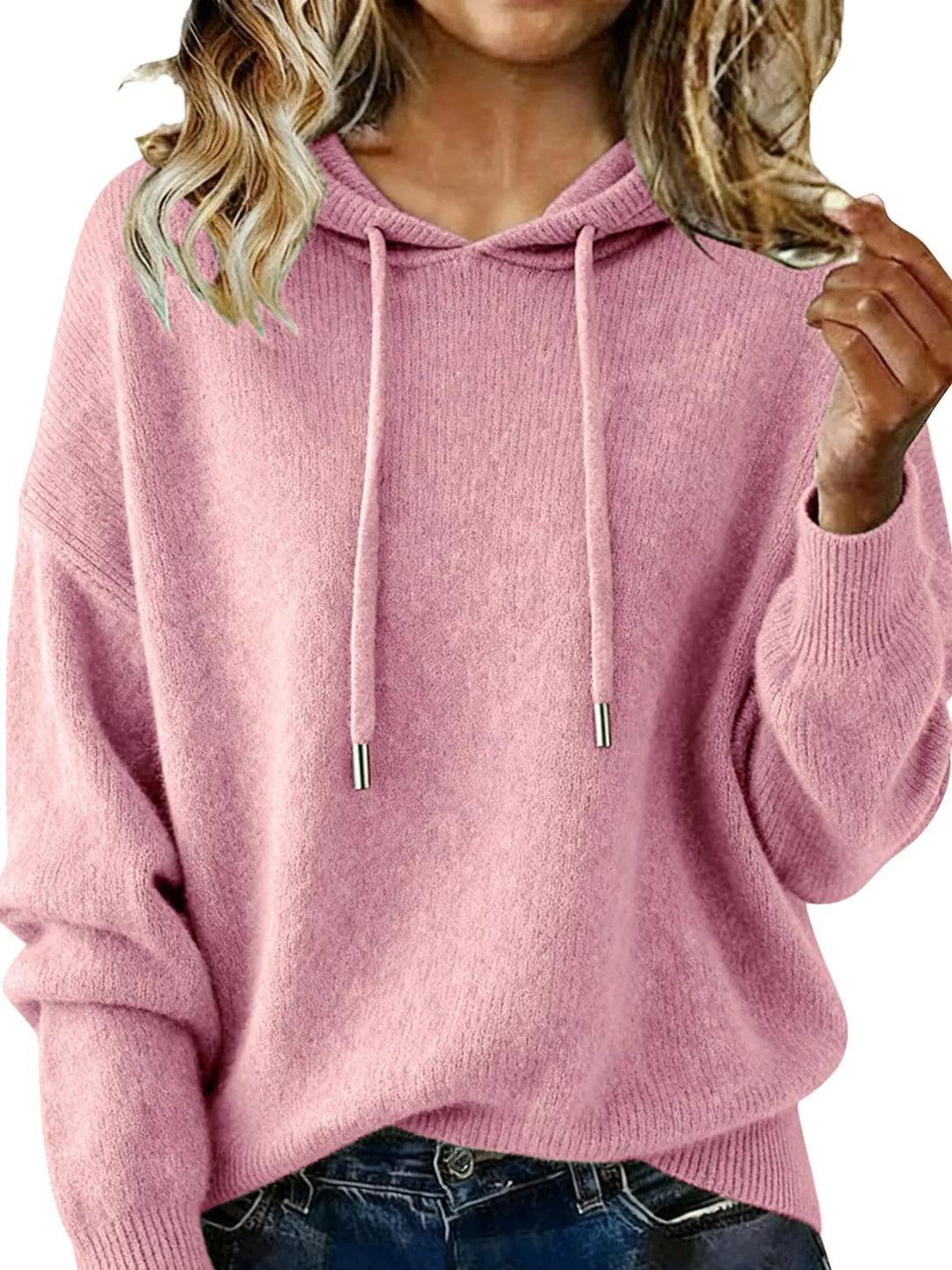 Blush Pink Drawstring hooded knit pullover sweater with ribbed cuffs