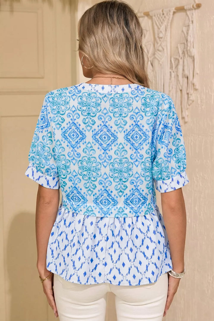 Mixed print patchwork babydoll blouse with split neck