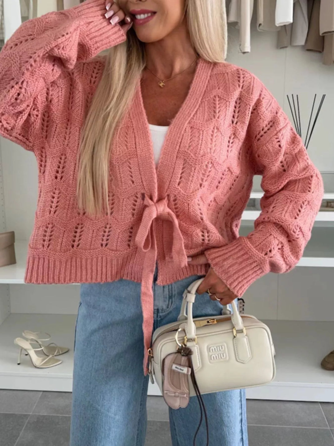 Openwork tie-front cropped knit cardigan