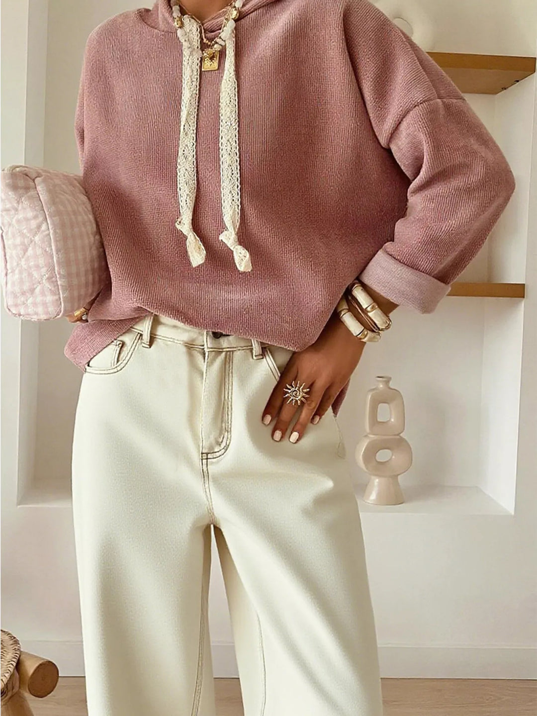 Dropped-shoulder knit hoodie with lace drawstrings