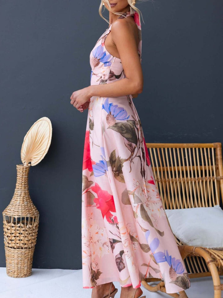 Floral print halter maxi dress with lace-up back