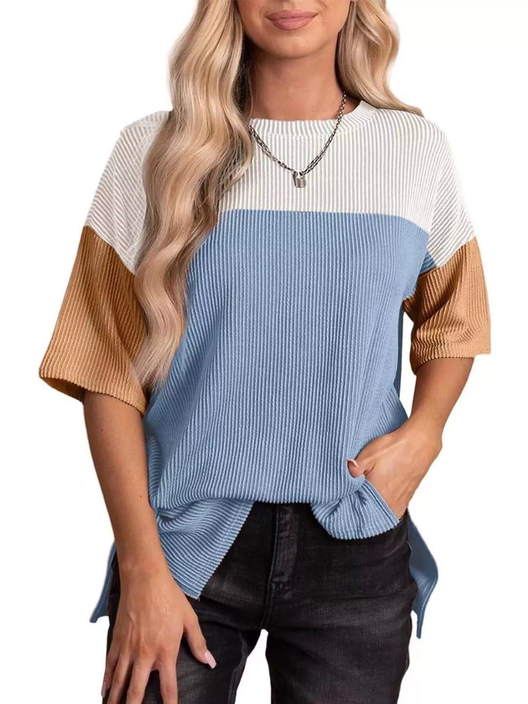 Sky Blue Ribbed color block short sleeve top with side slits