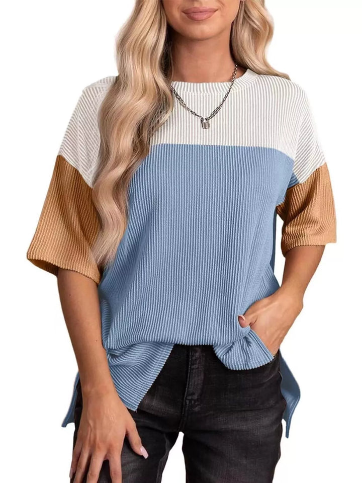 Sky Blue Ribbed color block short sleeve top with side slits