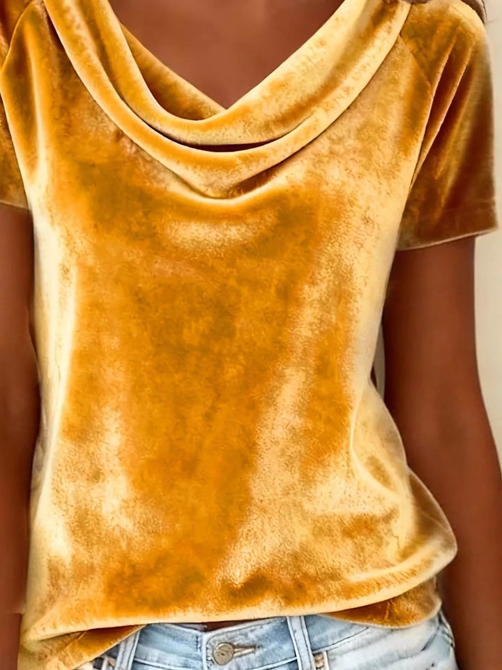 Draped cowl neck velvet top with short sleeves