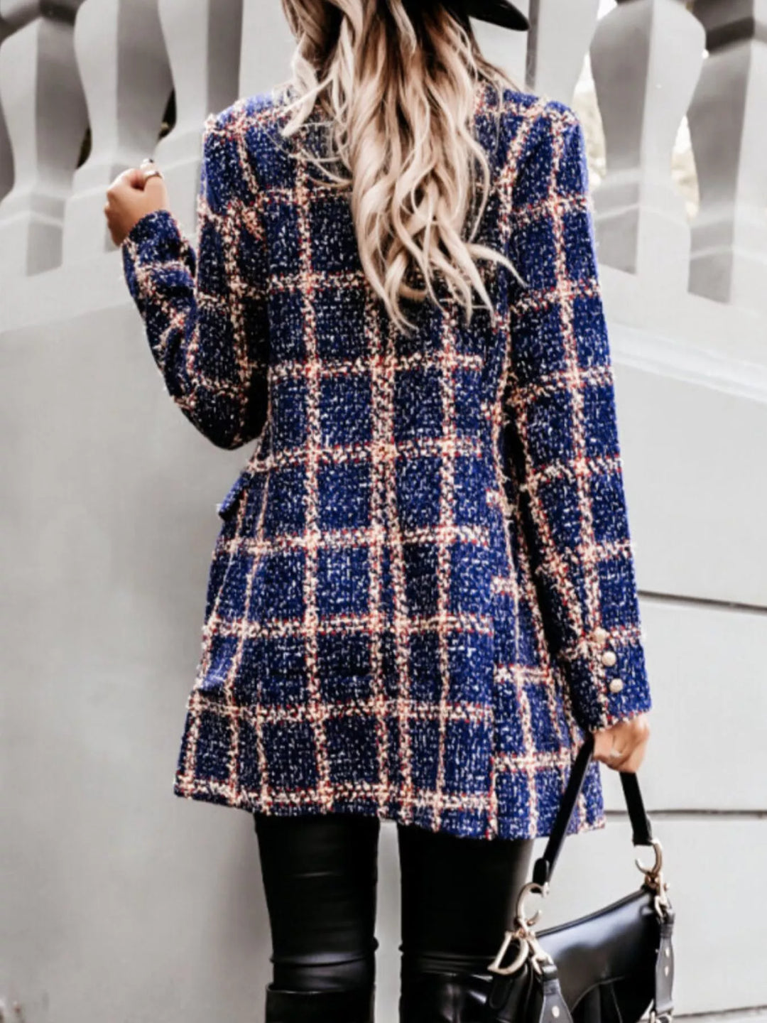 Houndstooth tweed double-breasted blazer coat with gold buttons