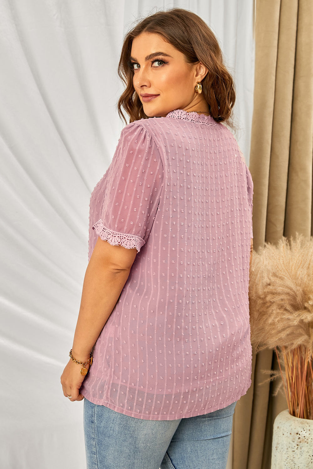 Plus size Swiss dot blouse with crochet lace V-neck