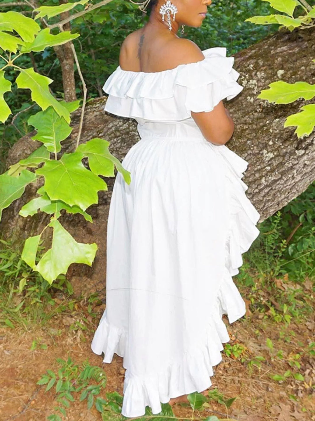 Tiered ruffle off-shoulder high-low blouse