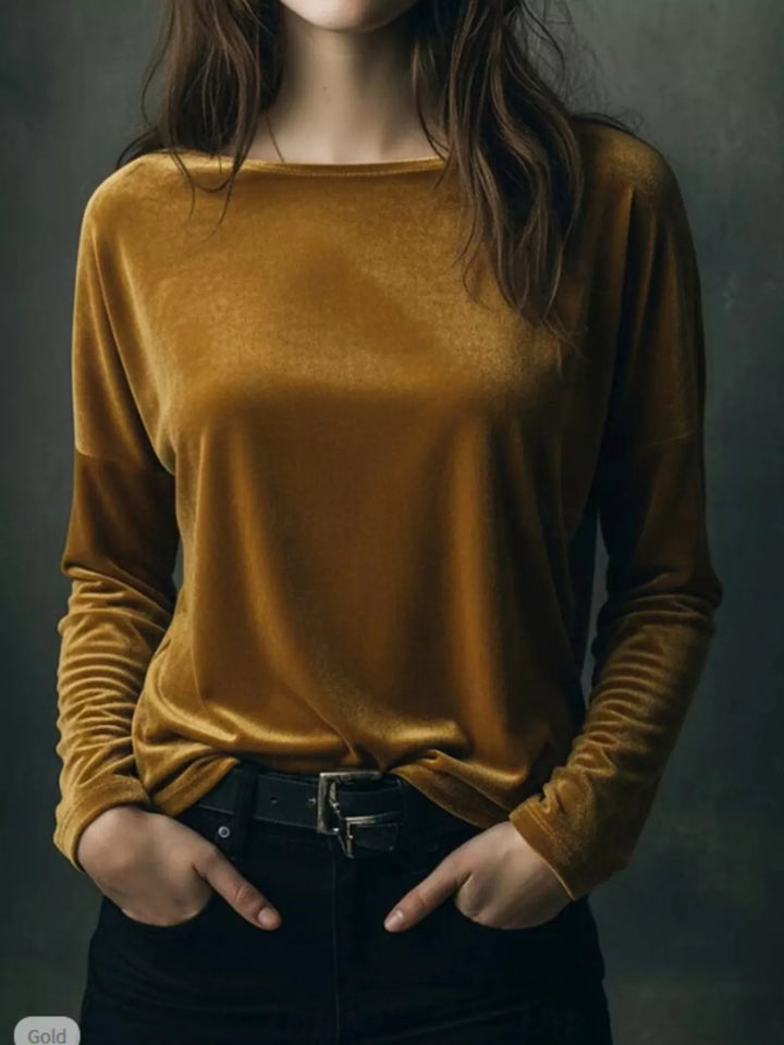 Brown Velvet long sleeve boat neck top with dropped shoulders