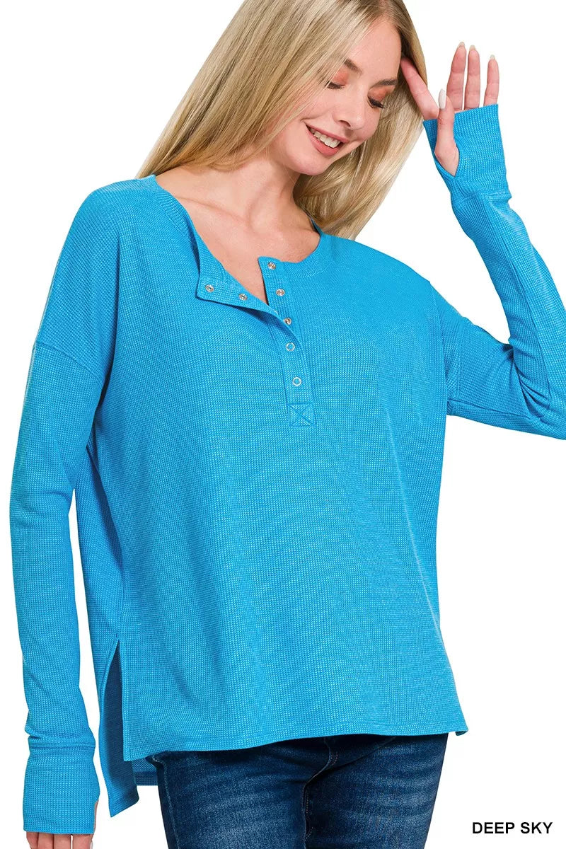 DEEP SKY Waffle knit henley tee with thumb-hole cuffs