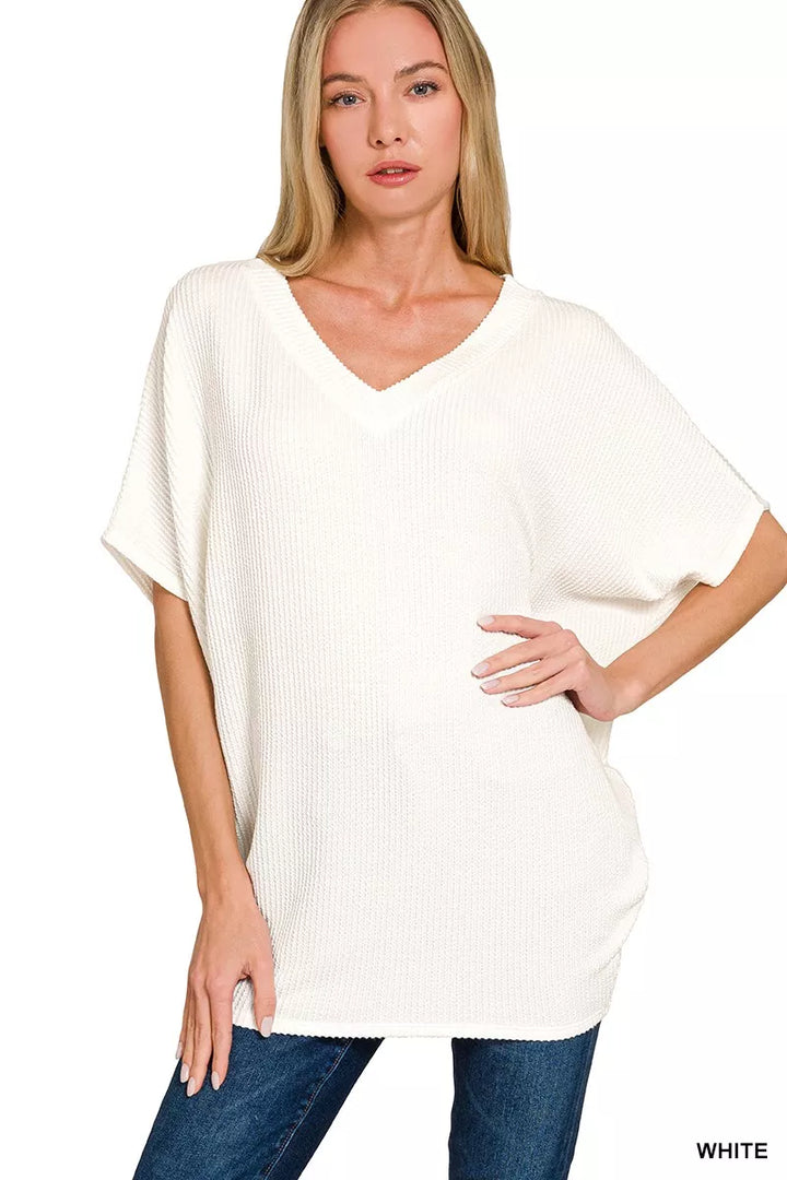 WHITE Ribbed knit V-neck batwing top with dolman sleeves