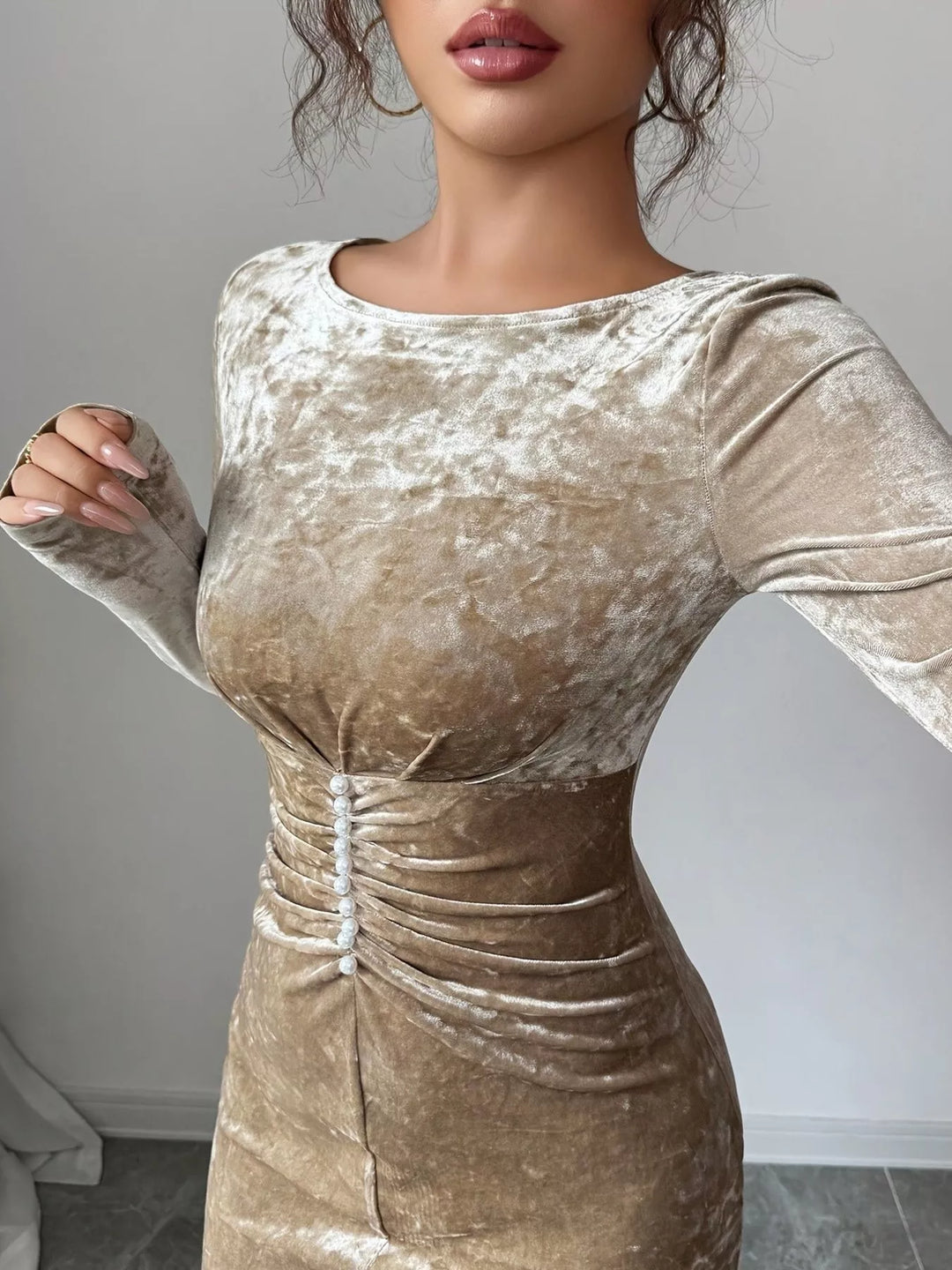 Crushed velvet ruched waist long sleeve maxi dress