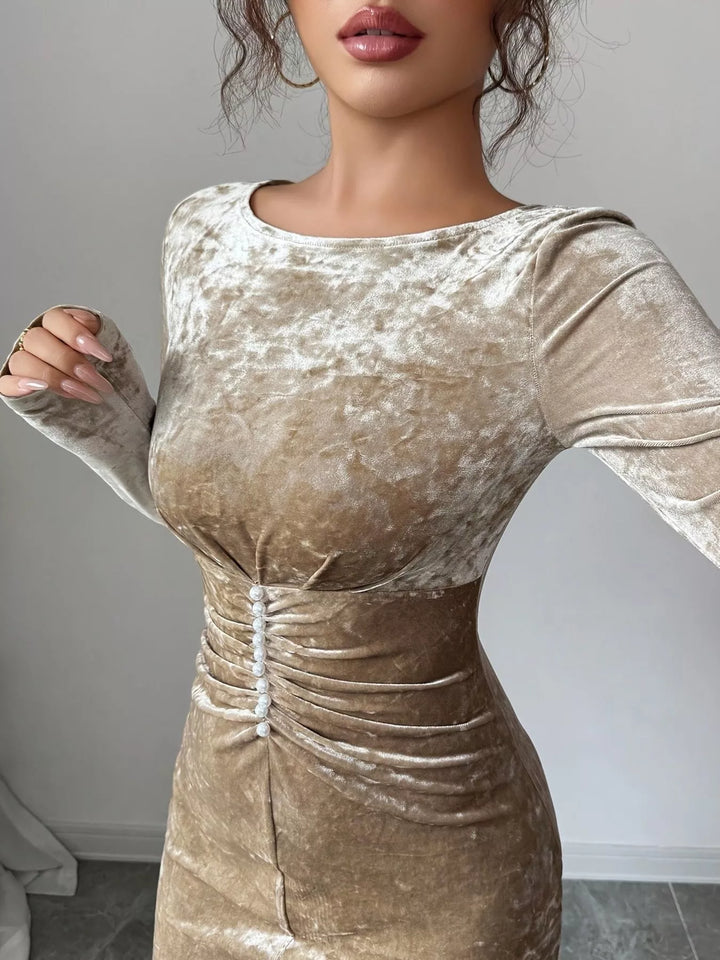 Crushed velvet ruched waist long sleeve maxi dress