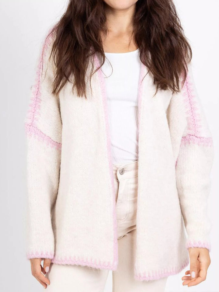 Cream Contrast whipstitch trim open front knit cardigan