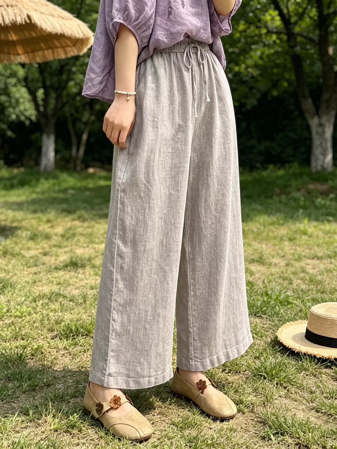 Khaki Wide leg drawstring pants with side pockets