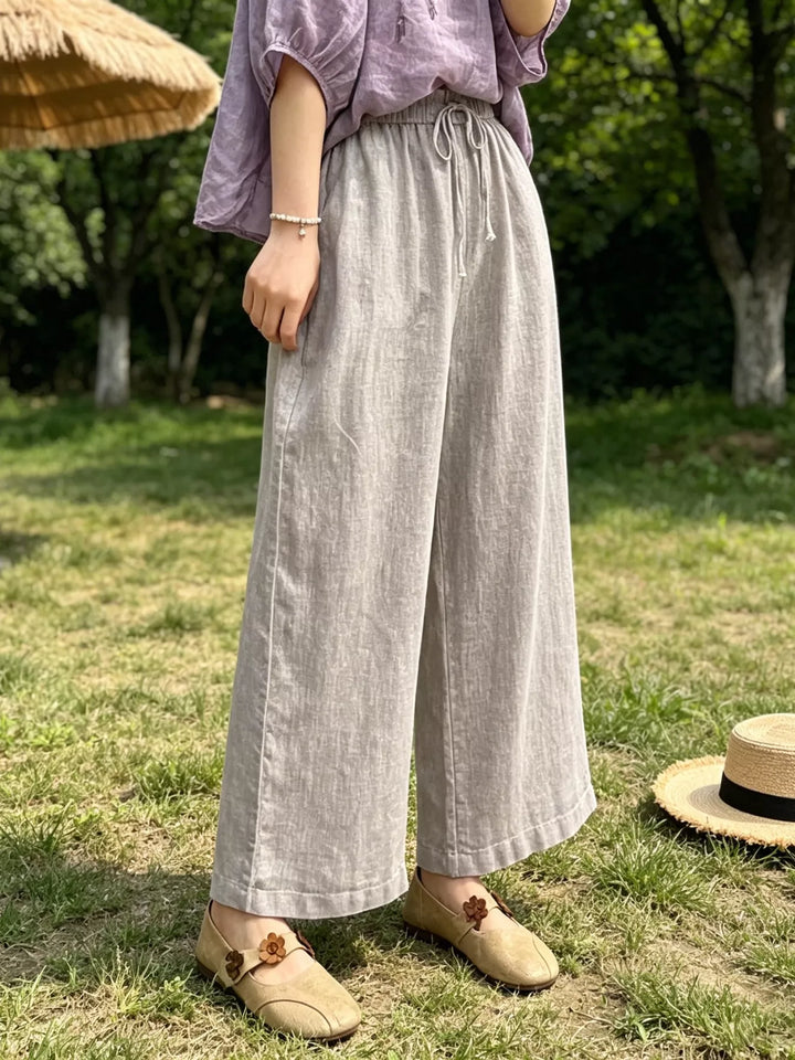 Khaki Wide leg drawstring pants with side pockets