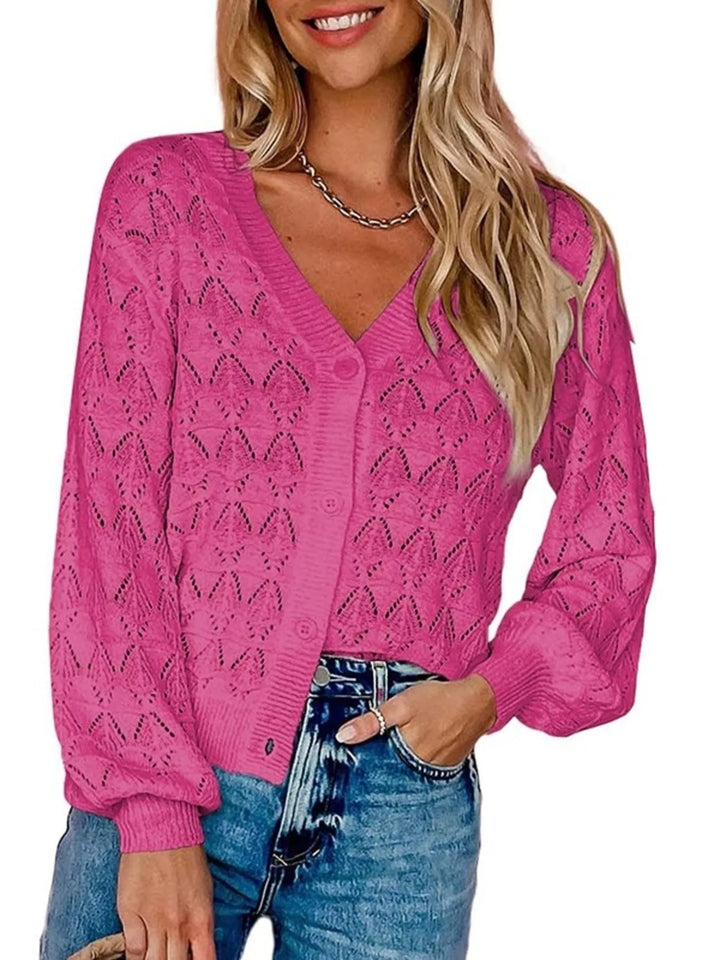 Red Pointelle openwork V-neck button-down knit cardigan